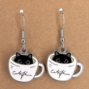 Cute Coffee Cup Cat Enamel Dangle Earrings Kawaii Teacup Cat